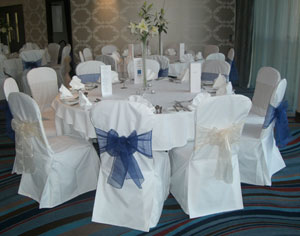 Our White Covers with Navy & Champagne Sashes