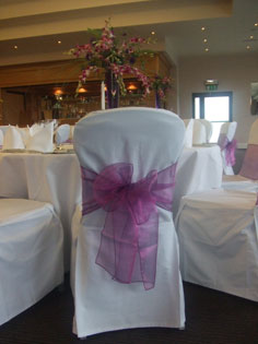 White Cotton Chair Cover with Purple 2-Tone Sash